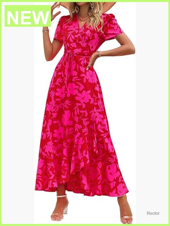 Dresses & Skirts - Boho Floral Maxi Dress Short Sleeve Wrap V Neck Long Flowy Beach Vacation